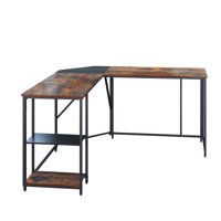 L-образно бюро за офис, бюро за индустриален компютър, бюро за писане на дома с дървен плот и метална рамка, селски кафяв, D8240
