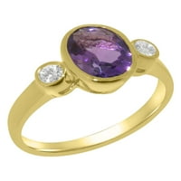 Британският направи 14K жълто златен пръстен с естествен аметист и диамантен женски пръстен за годежен пръстен - Опции за размер - размер 7.25