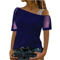 Жени, които излизат блуза солидна тениска мрежа извън рамото пачуърк с къси ръкави върхове
