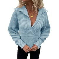 Женски зимен моден солиден цветен пухкав пуловер с V-образно деколте