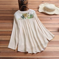 xiuh жени реколта V-образно деколте флорални печат лепенки с дълги ръкави отгоре тениска блуза графична тениска за жени бежово xxxl