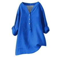 Клирънс дамски върхове, женската лятна ежедневна блуза с дълъг ръкав v Врат твърди върхове тениска, синя XXL