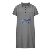 Рокли за тениски за женски копче за ревера надолу отпечатано памучно бельо небрежно разхлабена рокля с късо ръкав с джобове