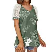 Дамски върхове с къс ръкав флорална блуза свободни жени летни кръгли деколте ризи тъмно зелено s