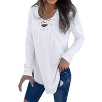 Женски модни ризи блузи зима V шия каишка с дълъг ръкав t- есен плюс размер дълъг ръкав женски върхове бяло 1x