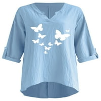 Дамски тениски тениска с тениска с пеперуда с флорална тениска с средна дължина върхове ежедневно облекло блуза небесно синьо 2xl
