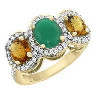 14K жълто злато естествено изумруд и уиски кварц 3-каменна пръстен Овален диамантен акцент, размер 6