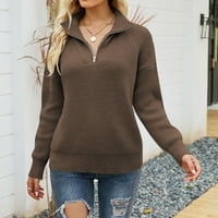 Sngxgn женски пуловер солиден плетен пуловер с дълъг ръкав плетене на плетене на плетене на плетене на пуловери върхове дамски пуловери, кафе, размер m