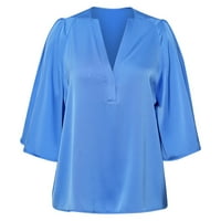 Небрежни летни тениски сини жени тениска с половин ръкав летни върхове v врат тениска небрежна пуловер точки туника блуза s