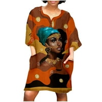 Cotonie Women Fashion African Vintage Print Средния ръкав v Врат Небрежна мини рокля