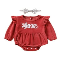 Amiliee Toddler Baby Girls Letter Printed Ruffled дълги ръкави Bodysuit Romper и лента за глава