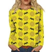 Хелоуин дрехи за жени Блузи за жени Модна мода кръгла шия дълъг ръкав зимни ежедневни върхове Хелоуин отпечатана тениска жълта m